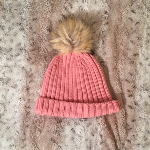 J. Crew Accessories - J. Crew Pink and Cream Ribbed Knit Hat with Faux Fur Pom-Pom